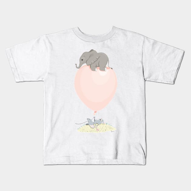 Elephant on a flying balloon Kids T-Shirt by RebecaZum